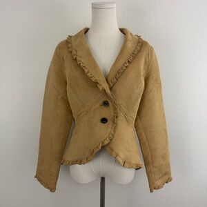 FADED GLORY Y2K Tan Blonde Faux Suede V Neck Ruffle Trim Button Up Blazer Jacket